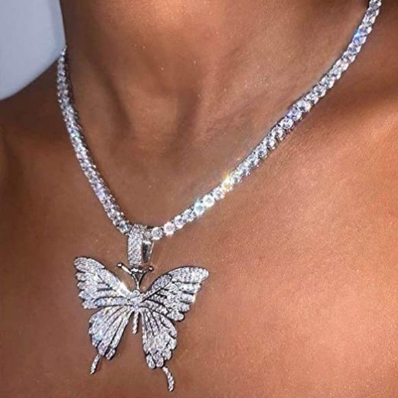 Earent Crystal Butterfly Choker Necklace Rhinestone Pendant Necklaces - Picture 1 of 2